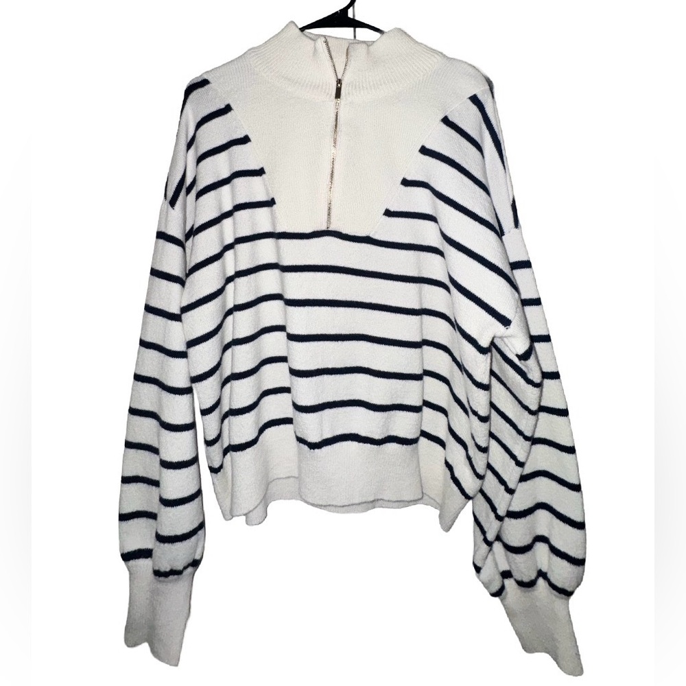 Draper James White Sweater with Navy Stripes